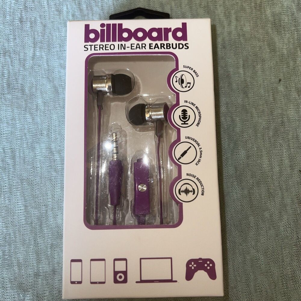Ear Earbuds Billboard Stereo In-Super Bass Mic 3.5mm Plug Purple BB603 *NEW*